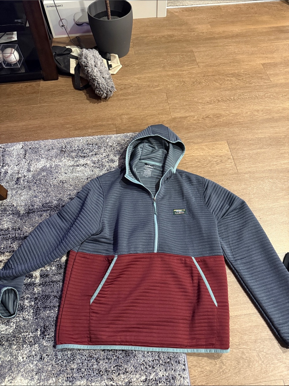L.L. Bean Men's Quilted Hooded Zip Sweatshirt - Gray & Burgundy